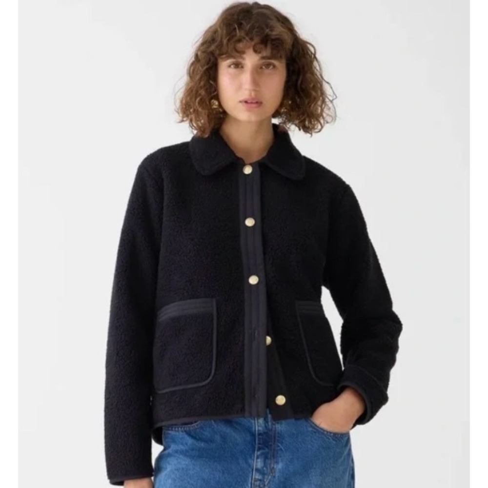 J.Crew Black Sherpa Fleece Lady Jacket Gold Crest Button Front Womens‎ XS